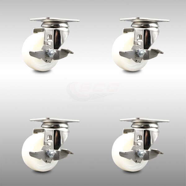 3 Inch 316SS Nylon Wheel Swivel Top Plate Caster Set with Brake